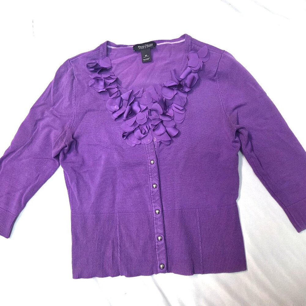 White House-Chic Purple Ruffle Button-Front Sweater–Elegant & Feminine Style XXS
